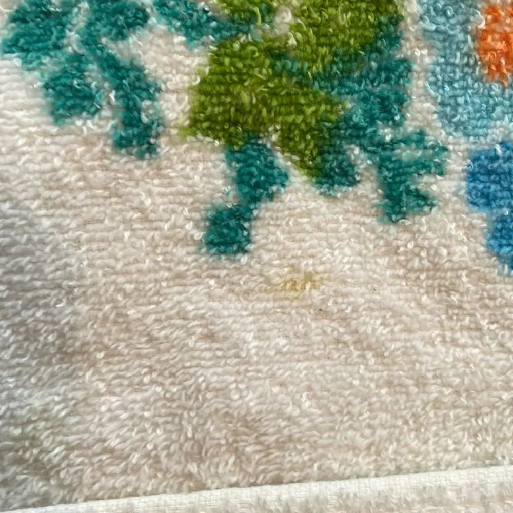 Vintage 70s blue, green‎ & orange flower power white cotton bath towel